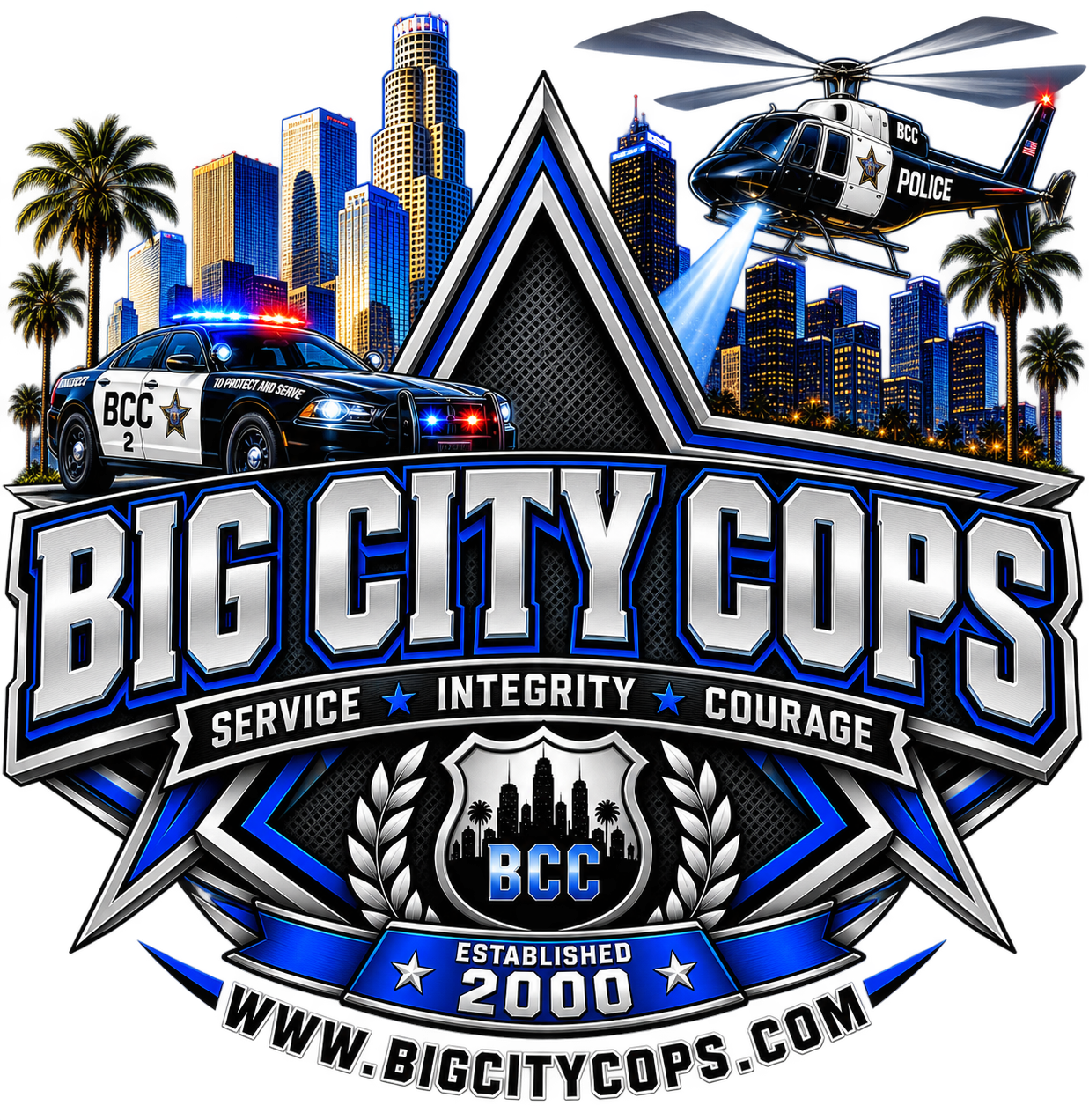 Big City Cops crest — Los Angeles skyline, patrol car and helicopter